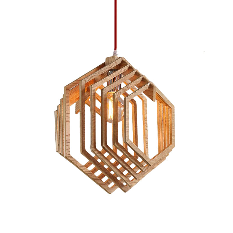 Modern Wood Hexagon Hanging Lamp - Brown Pendant Light For Dining Room Ceiling (1 Bulb)