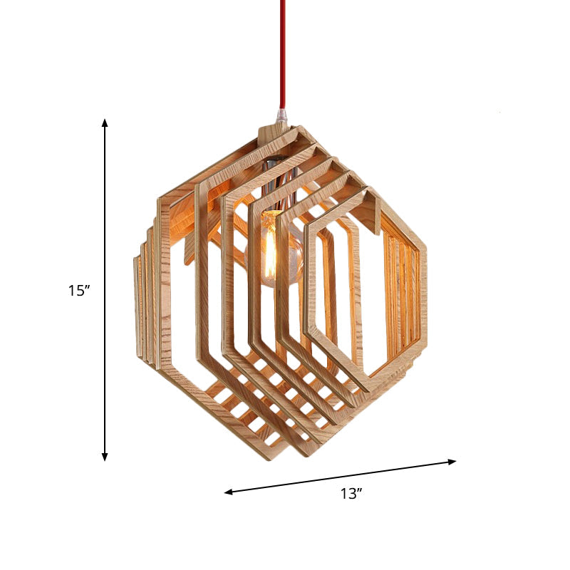 Modern Hexagon Wood Hanging Lamp - Brown Pendant Light for Dining Room Ceiling