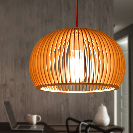 Minimalist Wood Hemisphere Pendant Ceiling Lamp, Single-Bulb Beige Hang Light, 14"/18" Width
