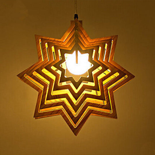Modern Anise Star Wood Hanging Lamp Kit with Hollowed-out Design - 1 Head, Beige
