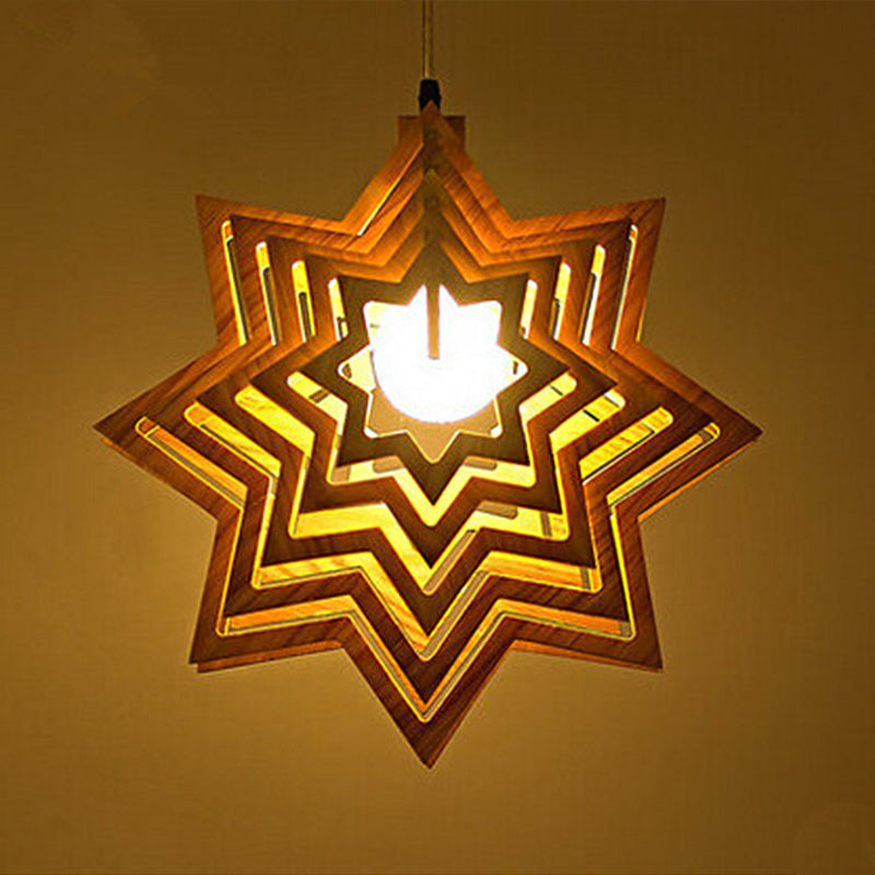 Modern Wooden Anise Star Pendant Lamp - Beige Hollowed-Out Design Living Room 1 Head Wood