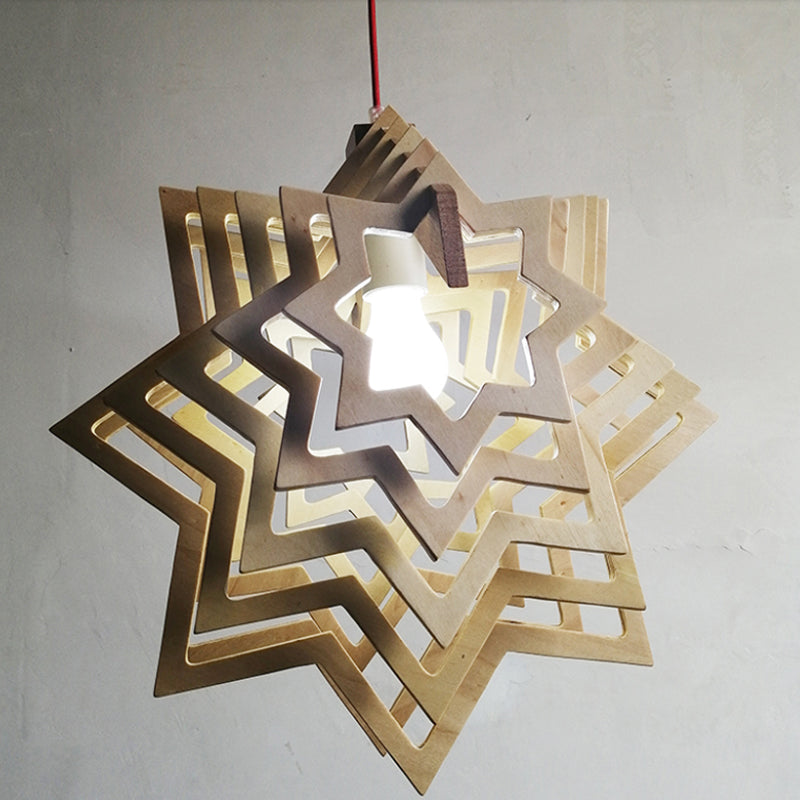 Modern Wooden Anise Star Pendant Lamp - Beige Hollowed-Out Design Living Room 1 Head