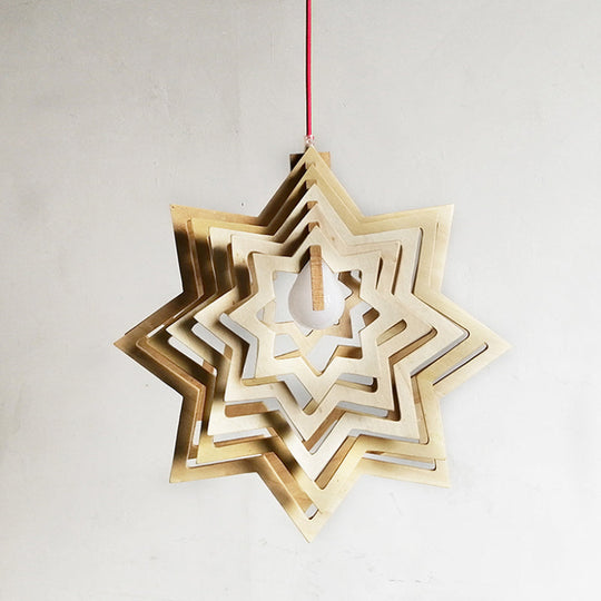 Modern Wooden Anise Star Pendant Lamp - Beige Hollowed-Out Design Living Room 1 Head