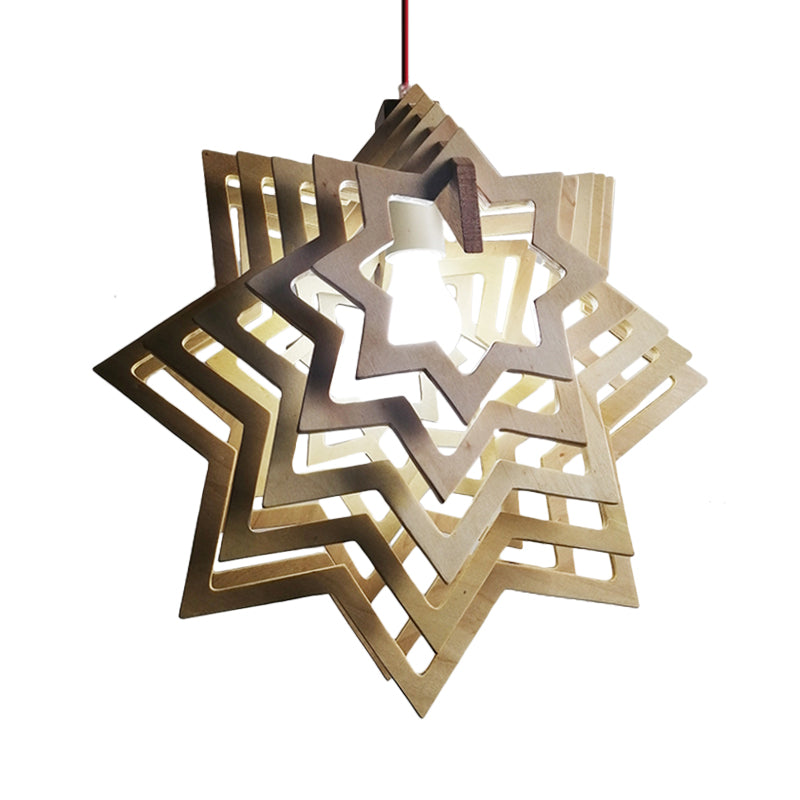 Modern Anise Star Wood Hanging Lamp Kit with Hollowed-out Design - 1 Head, Beige