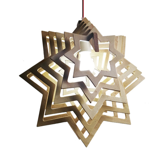 Modern Anise Star Wood Hanging Lamp Kit with Hollowed-out Design - 1 Head, Beige