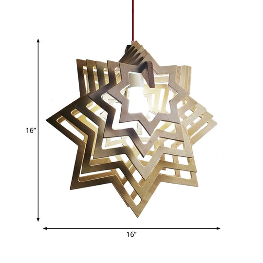 Modern Wooden Anise Star Pendant Lamp - Beige Hollowed-Out Design Living Room 1 Head