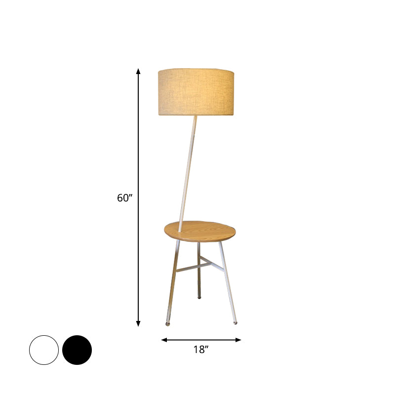 Modern Fabric Cone/Drum/Tapered Floor Lamp With Table & Storage Rack - Black/White/Wood Stand Up