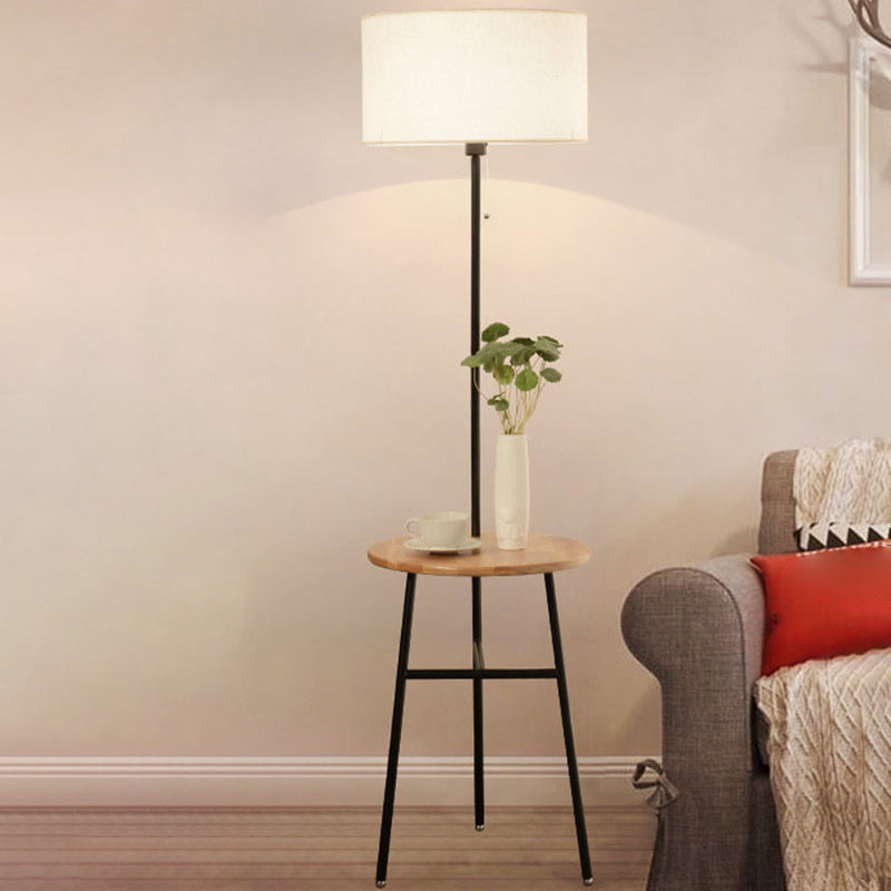 Modern Fabric Cone/Drum/Tapered Floor Lamp With Table & Storage Rack - Black/White/Wood Stand Up