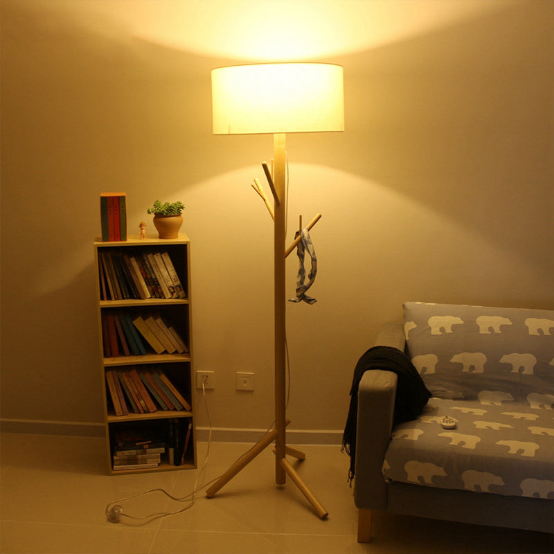 Minimalist Fabric Drum Floor Lamp With Wood Coat Rack - 1 Head Bedroom Lighting