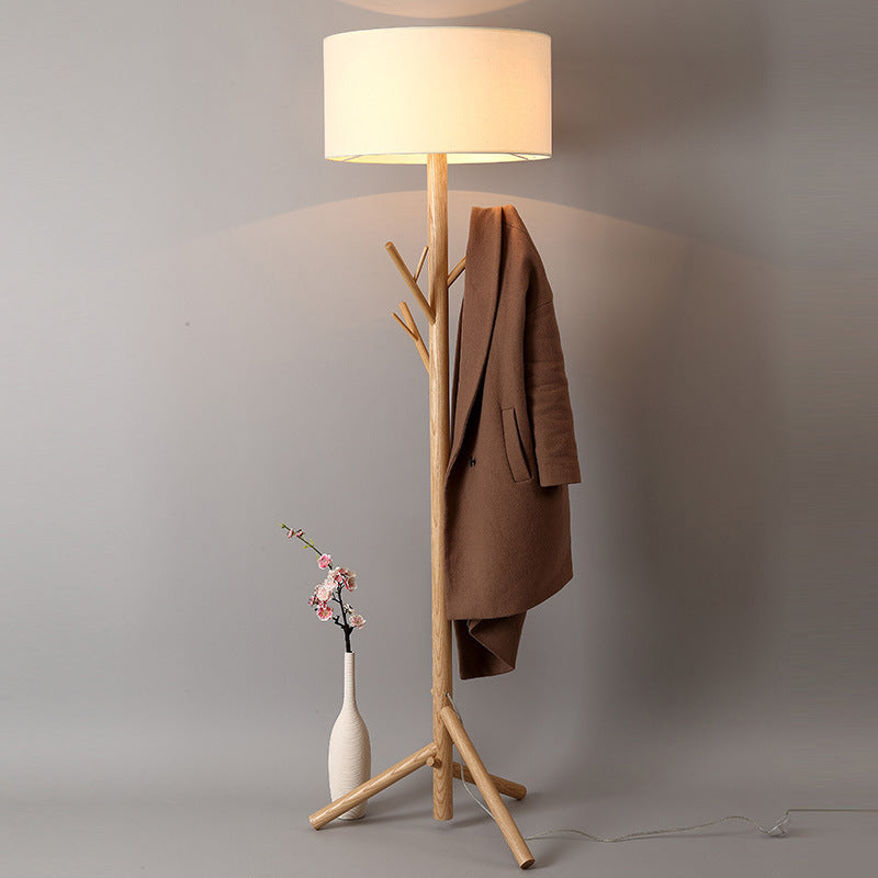Minimalist Fabric Drum Floor Lamp With Wood Coat Rack - 1 Head Bedroom Lighting