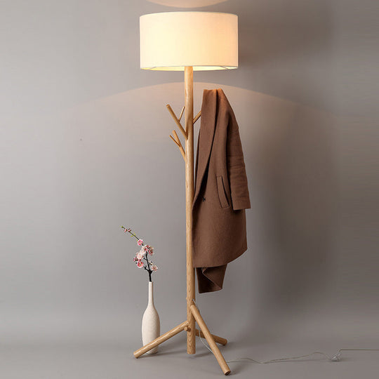 Minimalist Fabric Drum Floor Lamp With Wood Coat Rack - 1 Head Bedroom Lighting