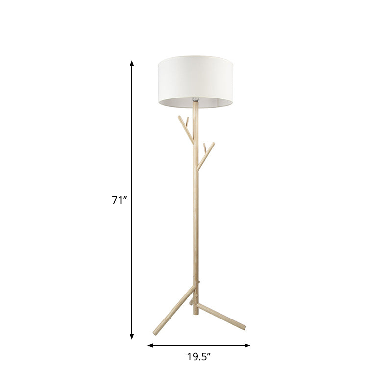 Minimalist Fabric Drum Floor Lamp With Wood Coat Rack - 1 Head Bedroom Lighting