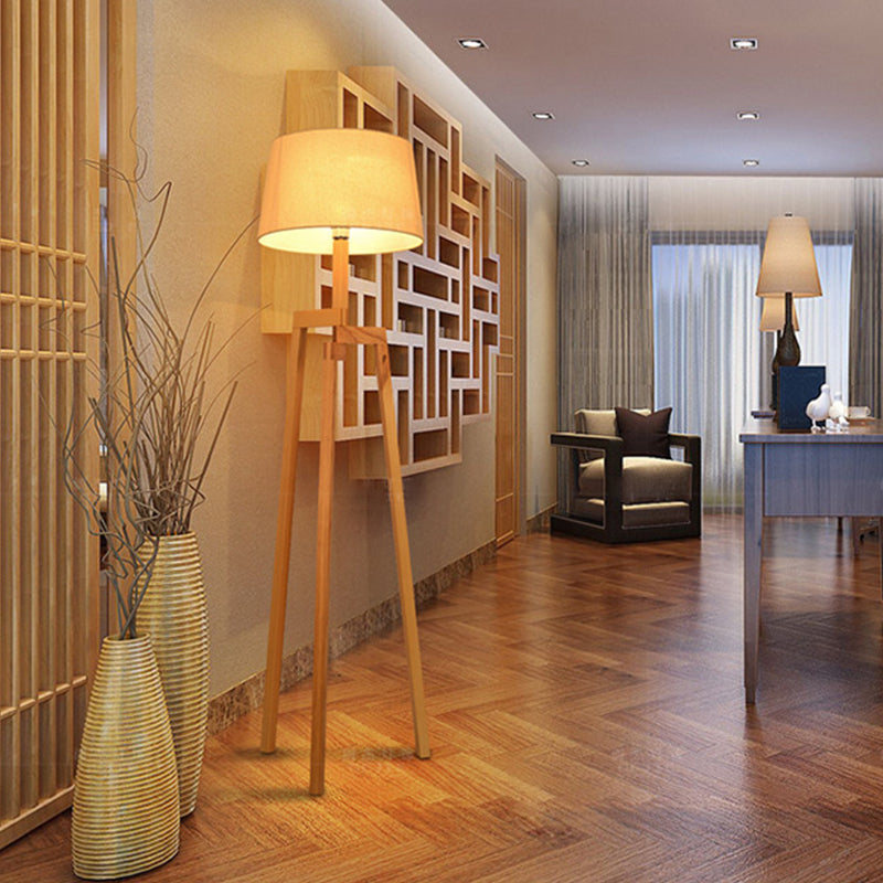 Modern Wood Tripod Floor Lamp With Fabric Shade - Simple & Stylish Design