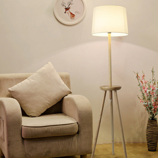 Minimalist Wood Tri-Legged Floor Lamp With Drum Fabric Shade And Table Beige Stand Light