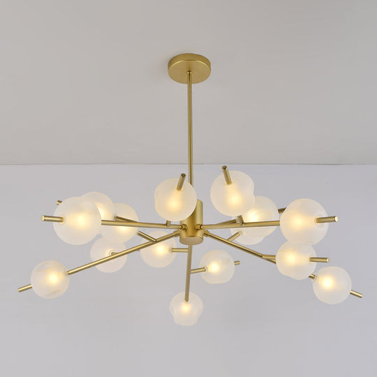 Contemporary Branched Pendant Lamp with 15 Metal Bulbs, Black/Gold Finish and Frosted Glass Shades