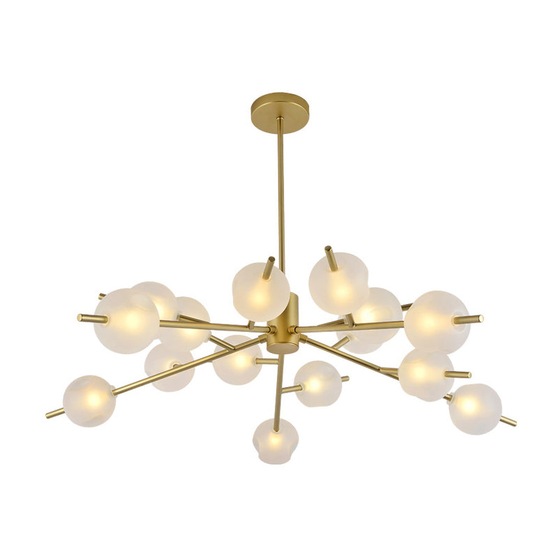 Contemporary Branched Pendant Lamp with 15 Metal Bulbs, Black/Gold Finish and Frosted Glass Shades