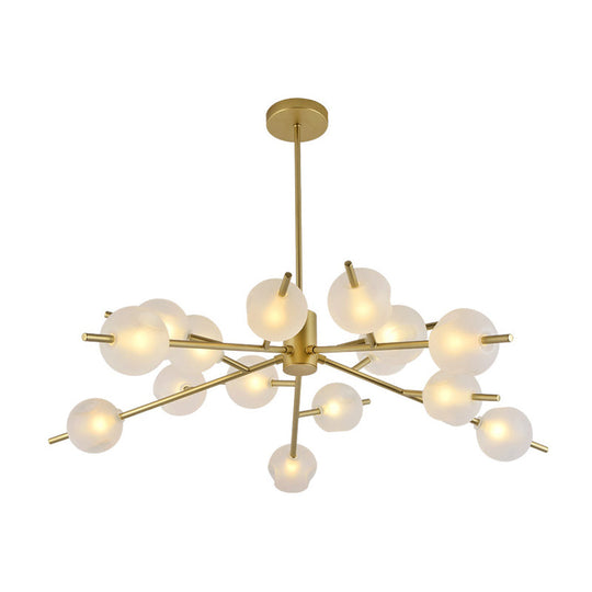 Contemporary Branched Pendant Lamp with 15 Metal Bulbs, Black/Gold Finish and Frosted Glass Shades