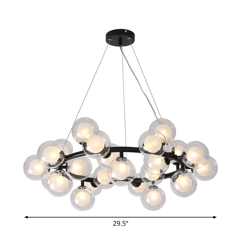Modern Black Bubbled Wreath Chandelier with Clear and Frosted Glass Shades - 15/25 Bulbs Hanging Ceiling Light