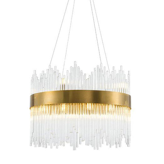 LED Brass Chandelier Light Fixture - Round Crystal Rod Suspension, Waterfall Design - 25.5"/31.5