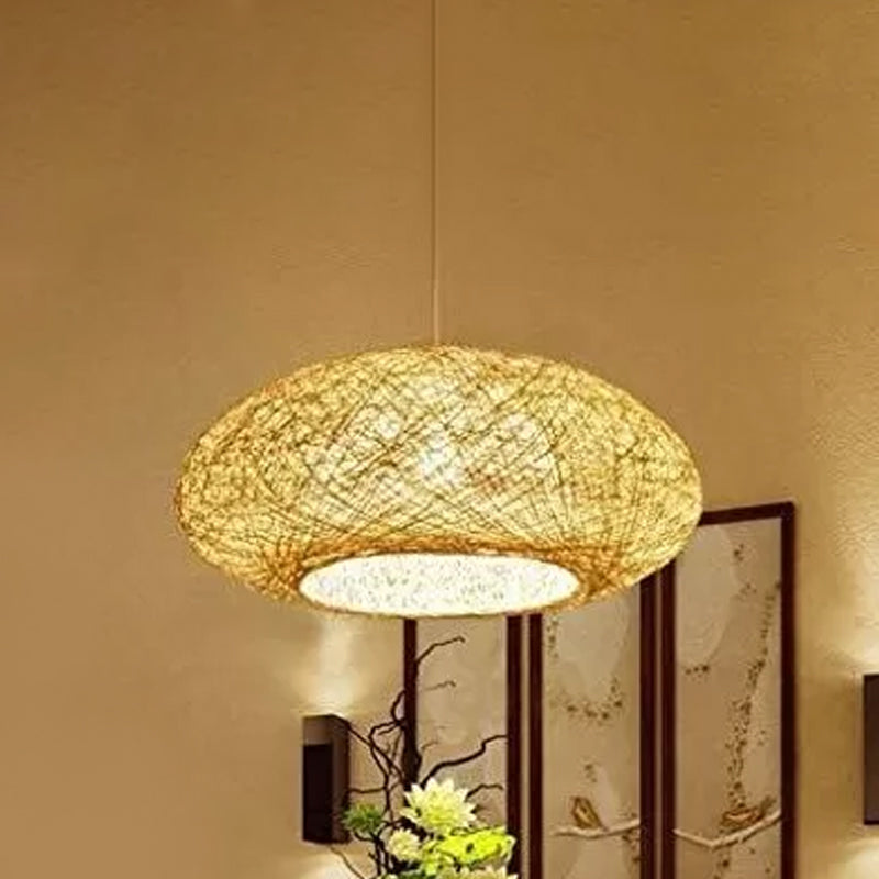 Beige Rattan Hanging Pendant Light - Ellipse Pendulum Design Asia Style 16/19.5 Wide / 16