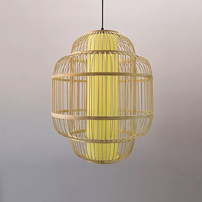 Asian Bamboo Lantern Pendant Light - 1-Light Beige Down Lighting for Dining Room - Available in 3 Sizes