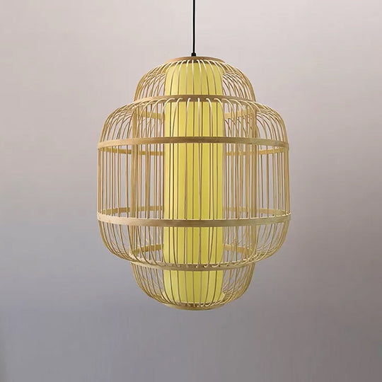 Bamboo Lantern Pendant Light For Dining Room - Asian Style 1-Light Beige Down Lighting Multiple