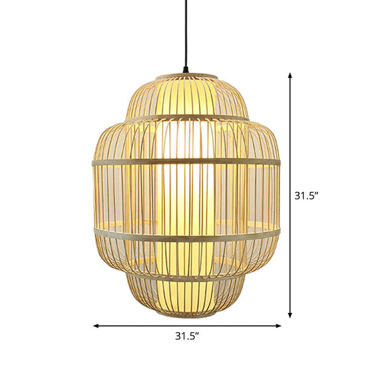 Asian Bamboo Lantern Pendant Light - 1-Light Beige Down Lighting for Dining Room - Available in 3 Sizes