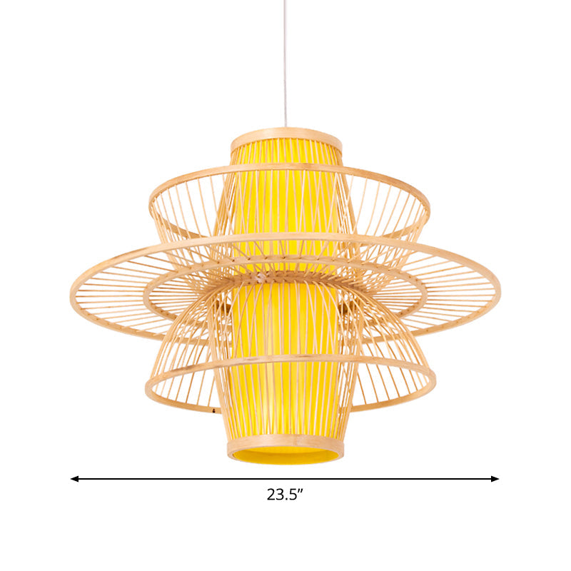 Bamboo Barrel Pendant Asian Down Lighting - 16/23.5/39 Wide 1 Bulb Beige Hanging Lamp With 3-Layer