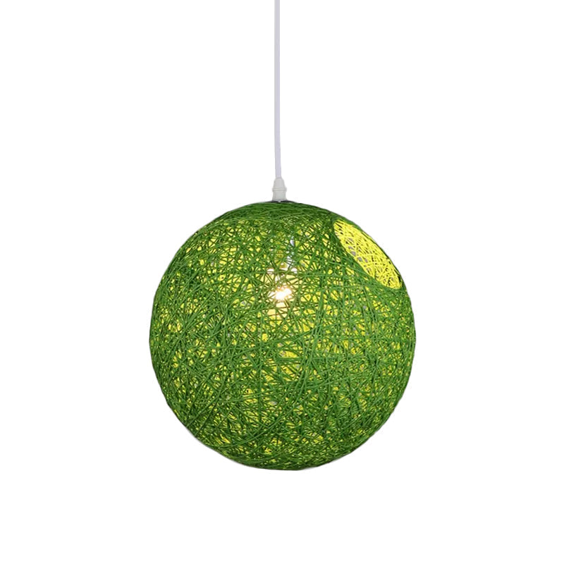 Contemporary Rattan Globe Suspension Light - Single-Bulb Blue/Pink/Red Pendant Lamp With Cut-Out