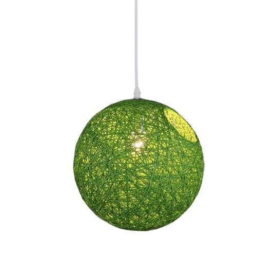 Contemporary Rattan Globe Suspension Light - Single-Bulb Blue/Pink/Red Pendant Lamp With Cut-Out