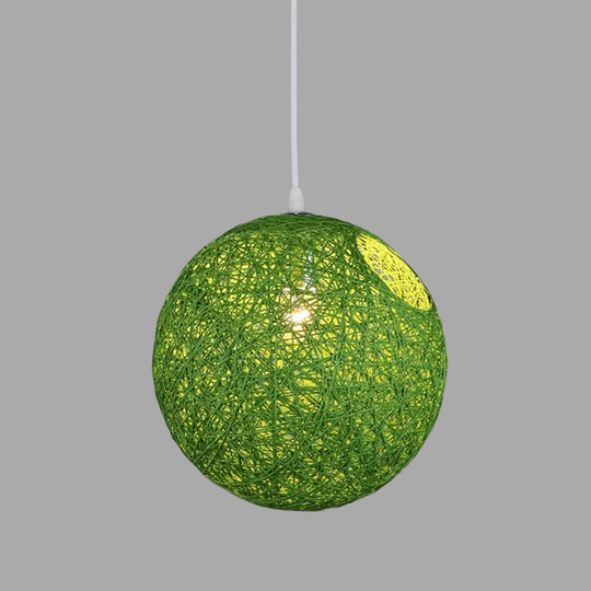 Contemporary Rattan Globe Suspension Light - Single-Bulb Blue/Pink/Red Pendant Lamp With Cut-Out