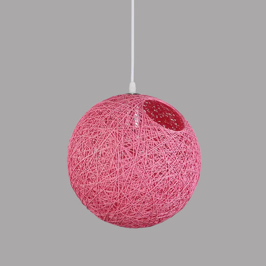 Contemporary Rattan Globe Suspension Light - Single-Bulb Blue/Pink/Red Pendant Lamp With Cut-Out