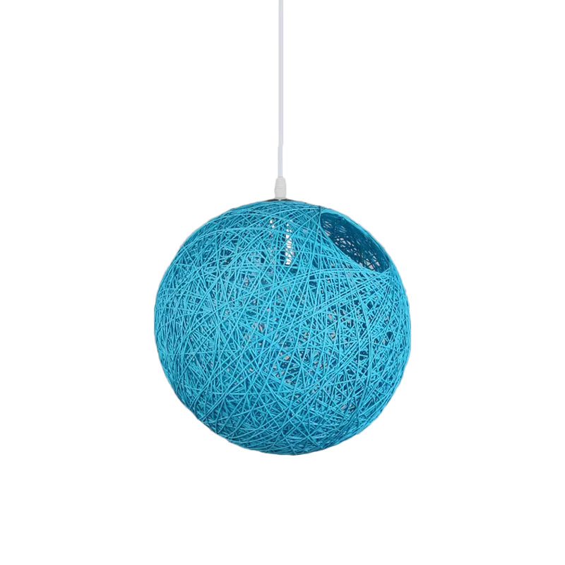 Contemporary Rattan Globe Suspension Light - Single-Bulb Blue/Pink/Red Pendant Lamp With Cut-Out