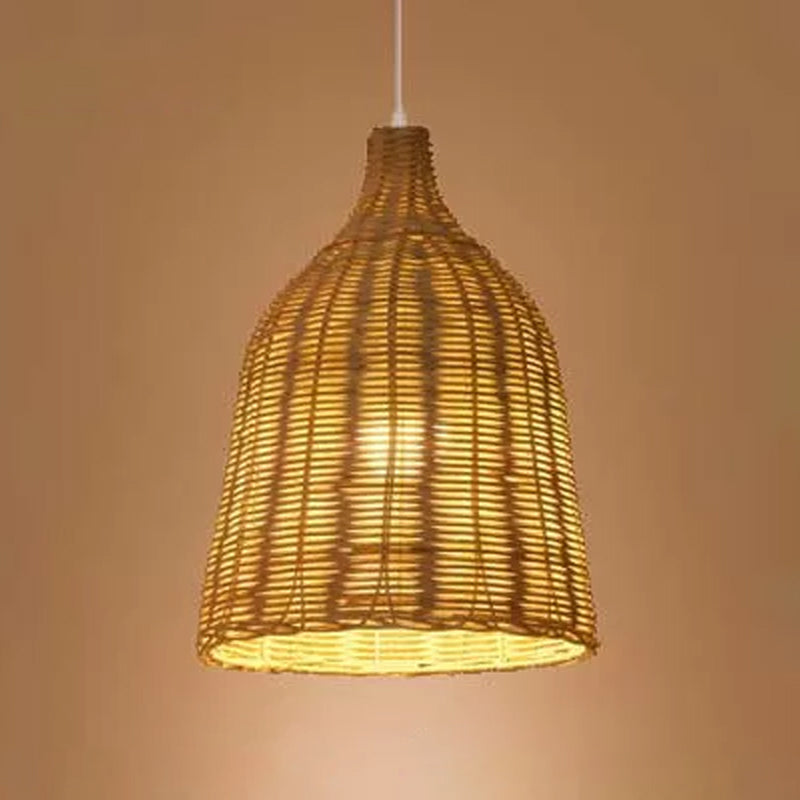 Asian Beige Pendant Lamp with Rattan Shade - 1-Light Restaurant Lighting