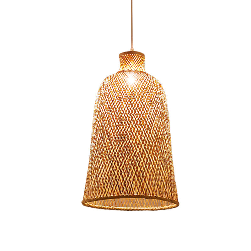 Bamboo Pendant Lamp: Bell/Bowl/Bottle Criss-Cross Woven Asian Hallway Drop Beige / C