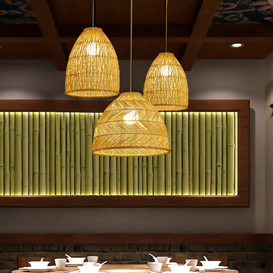 Luminaire suspendu en forme de cloche en bambou asiatique - Largeur 16"/19,5"/23,5" - Beige