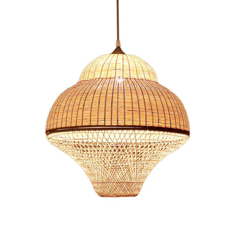 Lampe suspendue beige à une ampoule en bambou tressé : design de gourde/panier chinois pour suspension de salle à manger