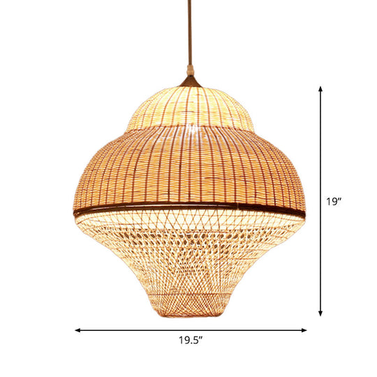 Lampe suspendue beige à une ampoule en bambou tressé : design de gourde/panier chinois pour suspension de salle à manger