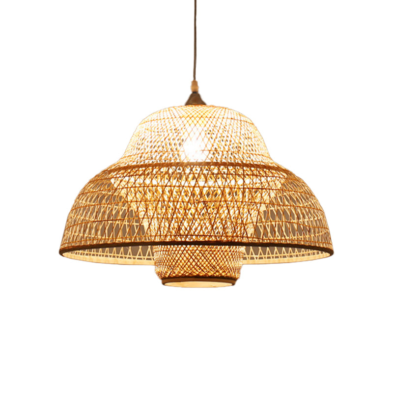 Lampe suspendue beige à une ampoule en bambou tressé : design de gourde/panier chinois pour suspension de salle à manger