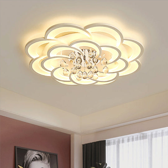 Modern Floral Girls Bedroom LED Flush Ceiling Light with Crystal Ball Drop, in White - 20.5"/31.5"/47" Width