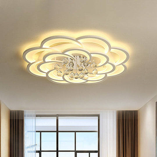 Modern Floral Girls Bedroom Led Flush Ceiling Light With Crystal Ball Drop In White - 20.5/31.5/47