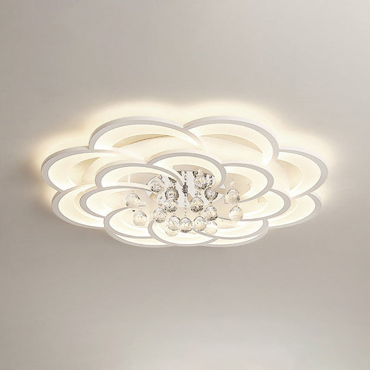 Modern Floral Girls Bedroom LED Flush Ceiling Light with Crystal Ball Drop, in White - 20.5"/31.5"/47" Width