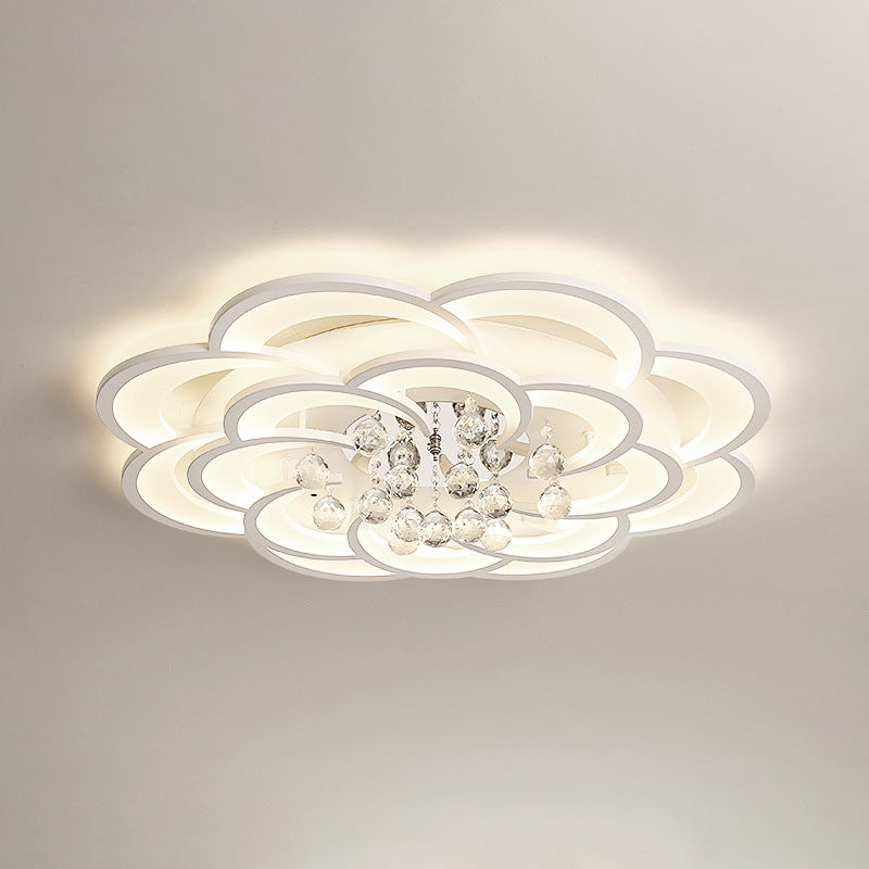 Modern Floral Girls Bedroom Led Flush Ceiling Light With Crystal Ball Drop In White - 20.5/31.5/47