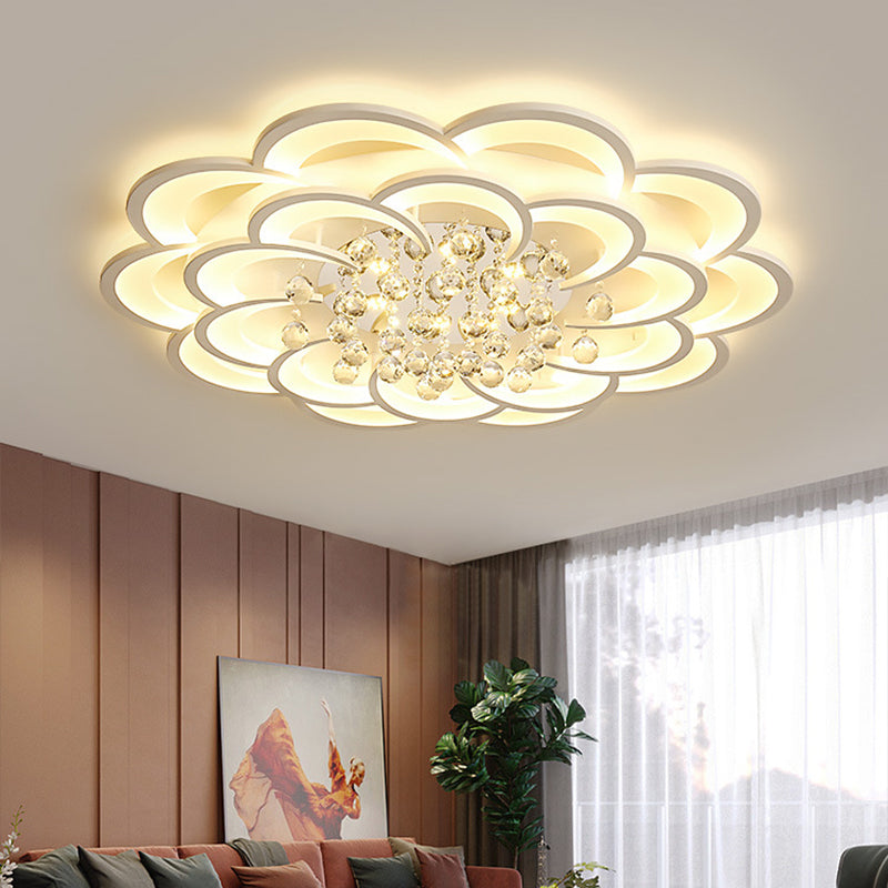 Modern Floral Girls Bedroom LED Flush Ceiling Light with Crystal Ball Drop, in White - 20.5"/31.5"/47" Width