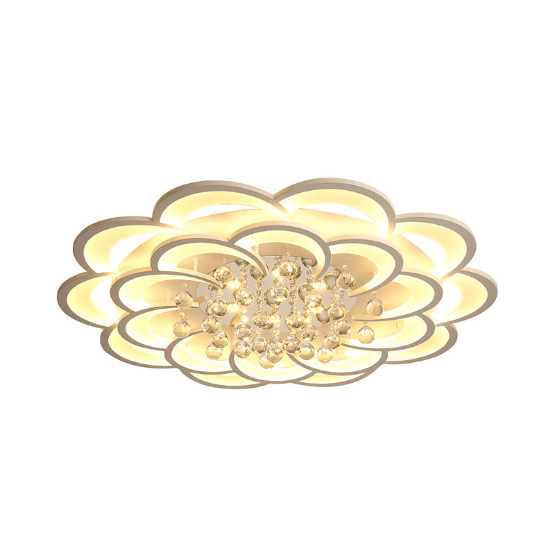Modern Floral Girls Bedroom LED Flush Ceiling Light with Crystal Ball Drop, in White - 20.5"/31.5"/47" Width