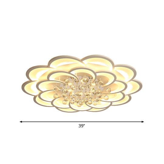 Modern Floral Girls Bedroom Led Flush Ceiling Light With Crystal Ball Drop In White - 20.5/31.5/47
