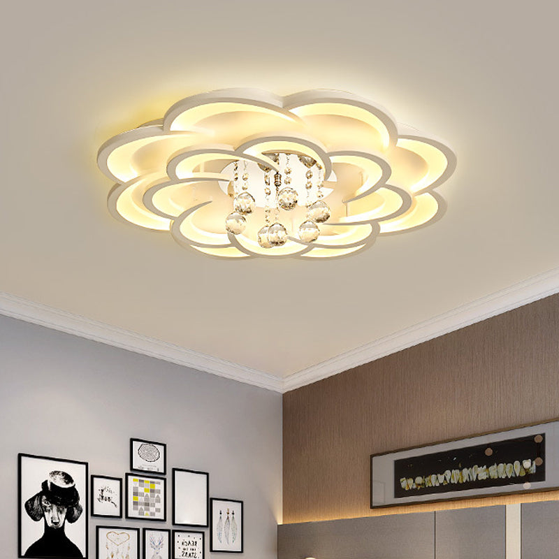 Modern Floral Girls Bedroom LED Flush Ceiling Light with Crystal Ball Drop, in White - 20.5"/31.5"/47" Width