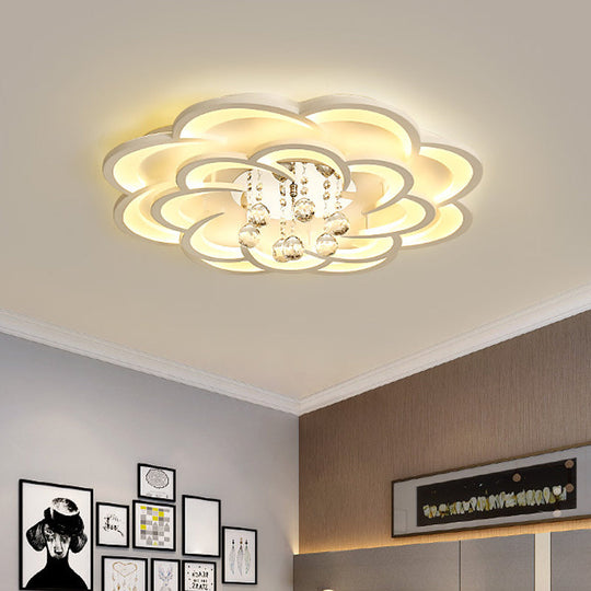 Modern Floral Girls Bedroom Led Flush Ceiling Light With Crystal Ball Drop In White - 20.5/31.5/47