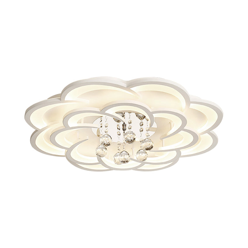 Modern Floral Girls Bedroom LED Flush Ceiling Light with Crystal Ball Drop, in White - 20.5"/31.5"/47" Width