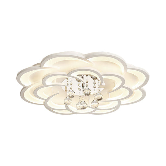 Modern Floral Girls Bedroom LED Flush Ceiling Light with Crystal Ball Drop, in White - 20.5"/31.5"/47" Width